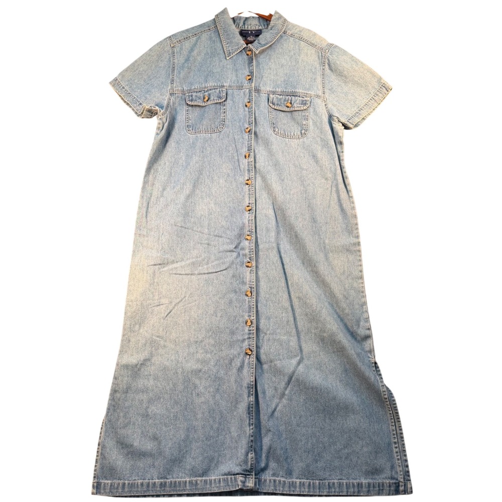 Original TY Wear Womens XL Light Wash Denim Button Down Maxi Shirt Dress Slits